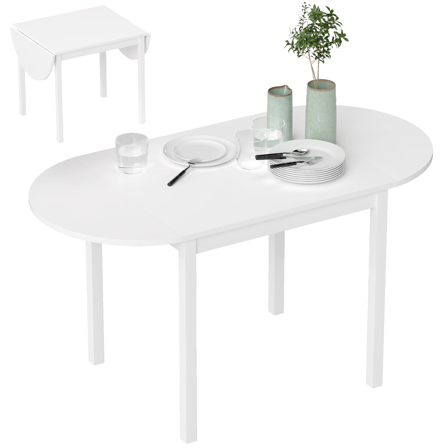 HOMCOM Solid Wood Drop Leaf Dining Table White