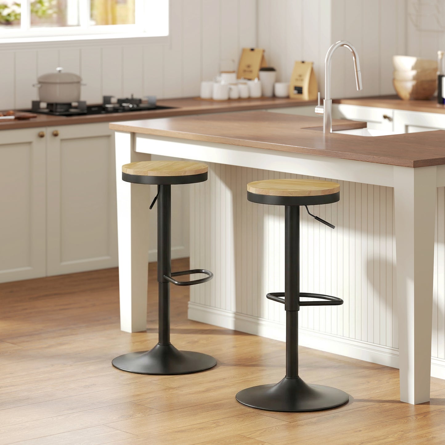 HOMCOM Barstools Set 2 Swivel Adjustable Height Natural Wood Black