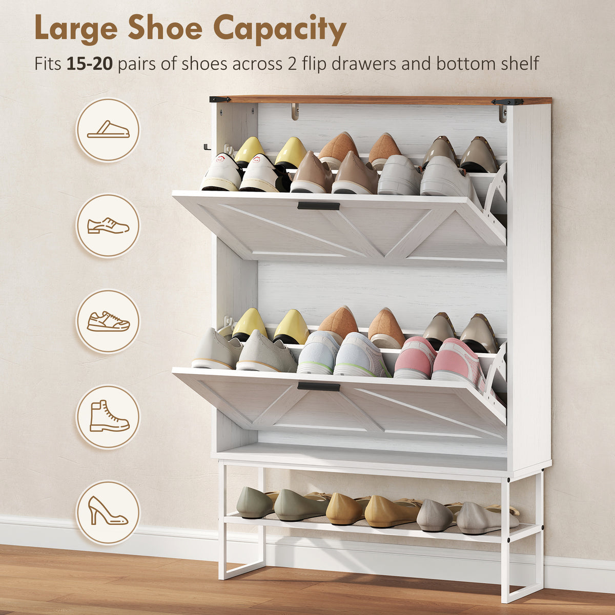 Narrow Shoe Storage Cabinet with 2 Flip Drawers – 31"W x 46"H