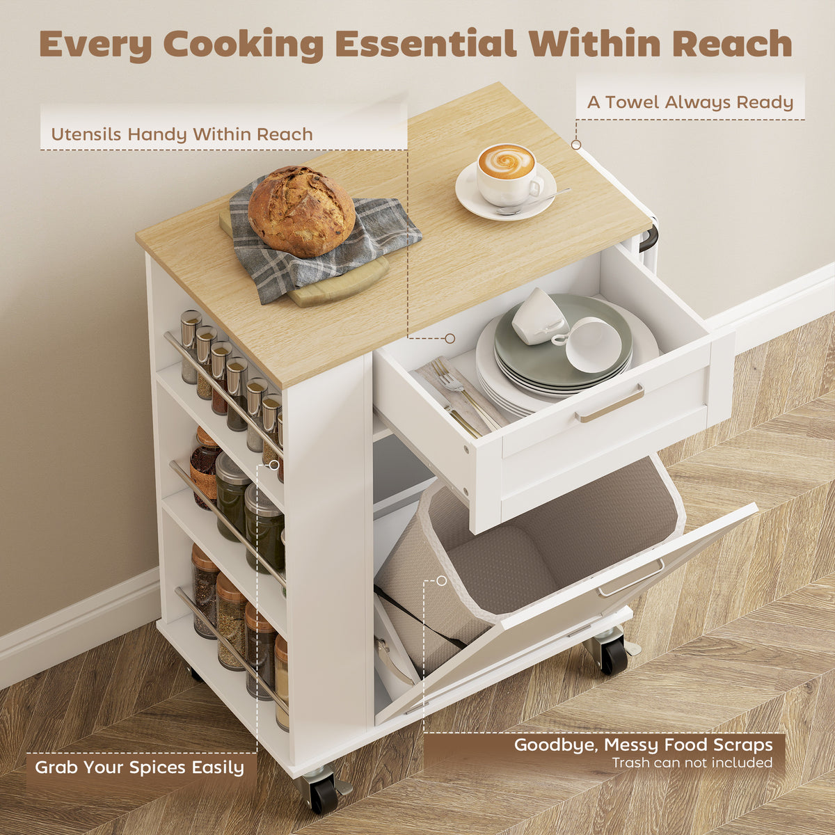 Rolling Kitchen Island with Trash Can Storage – 28"W x 35"H