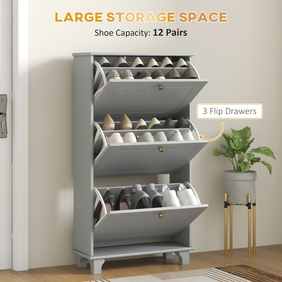 Narrow Shoe Storage with 3 Flip Drawers and Adjustable Shelves – 24"W x 49"H