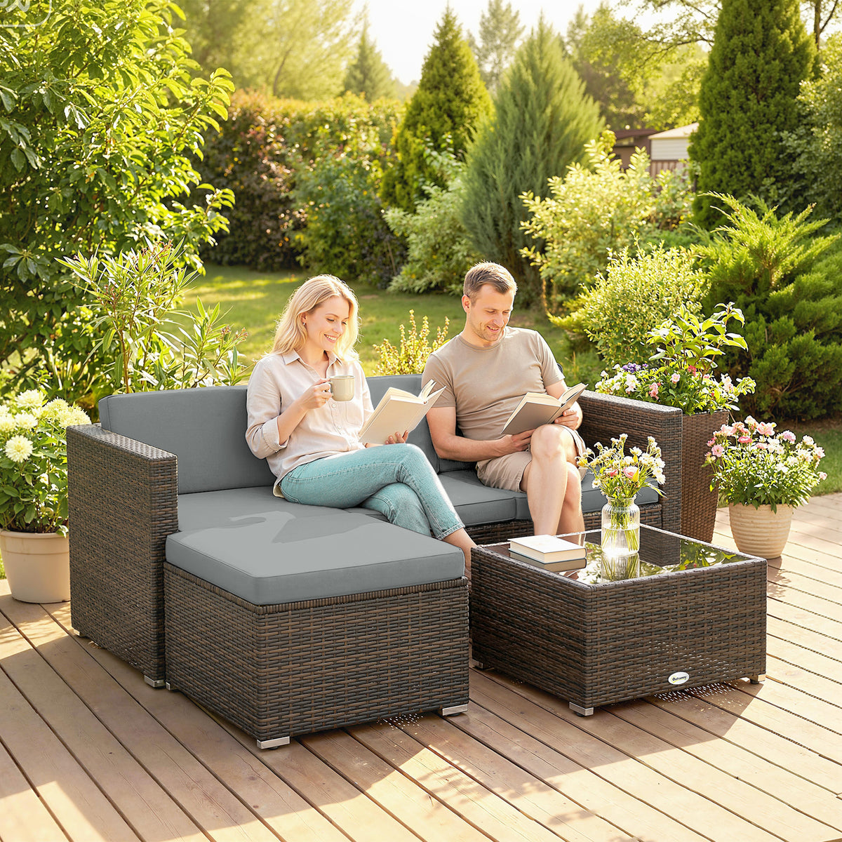 3 Pieces Patio Furniture Set with Cushions, Outdoor PE Rattan Wicker Conversation Corner Sofa Set with Glass Top Table – Brown, Light Grey