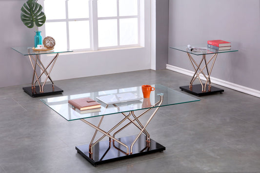 Curved Glass 3-Piece Coffee Table Set – Black/Rose Gold