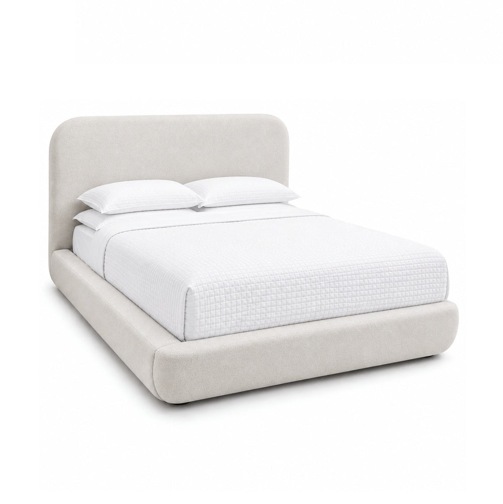 Cream Upholstered Platform Bed, Rounded Headboard