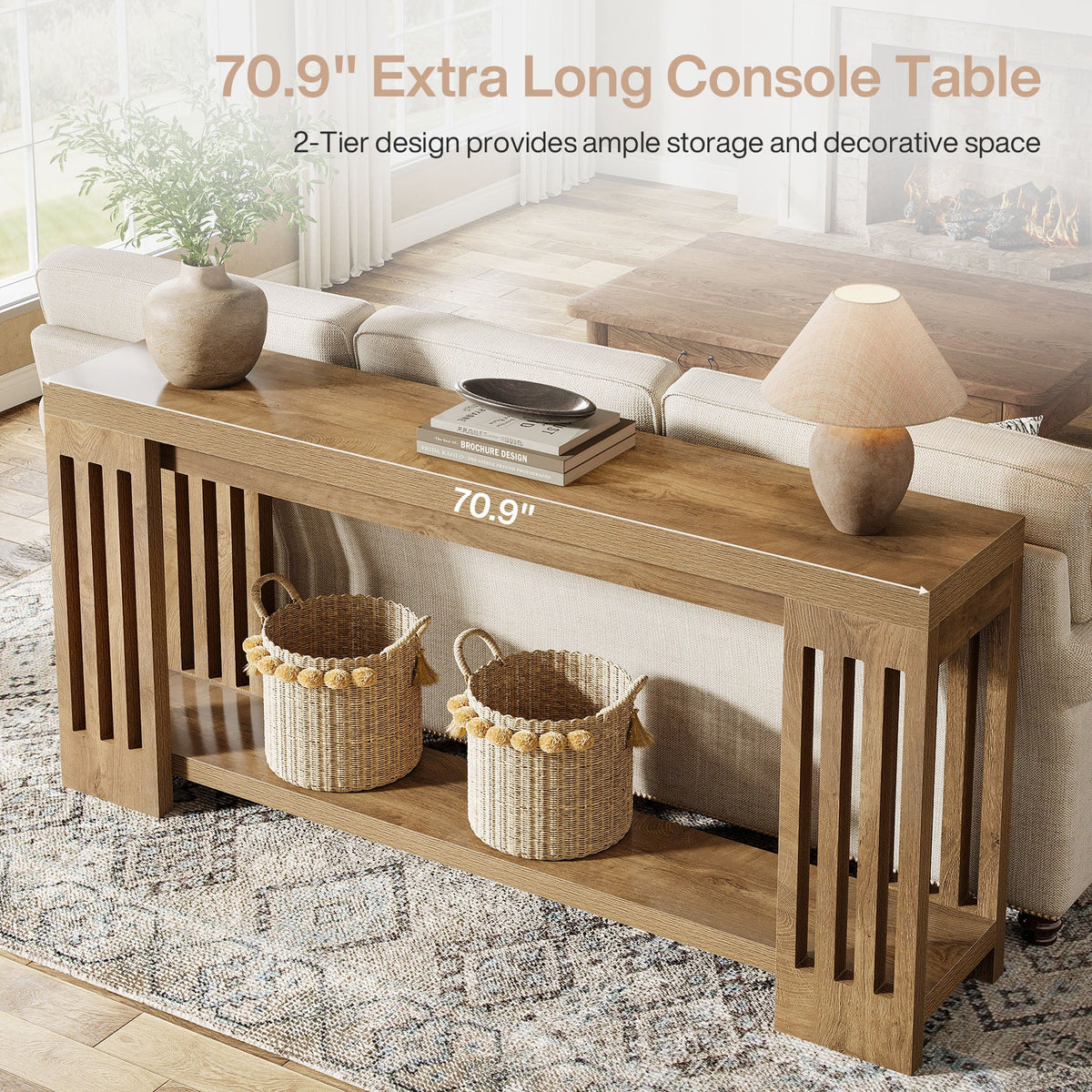 70.9" Console Table, 2-Tier Entryway Sofa Table with Vertical Stripe Legs