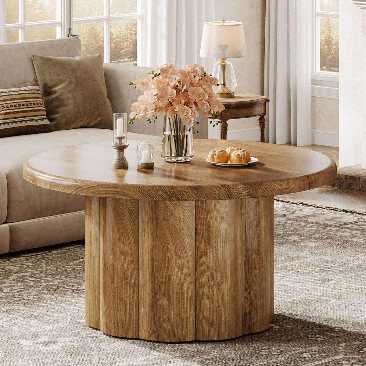 31.5" Round Coffee Table, Farmhouse Center Table with Fluted Drum Base