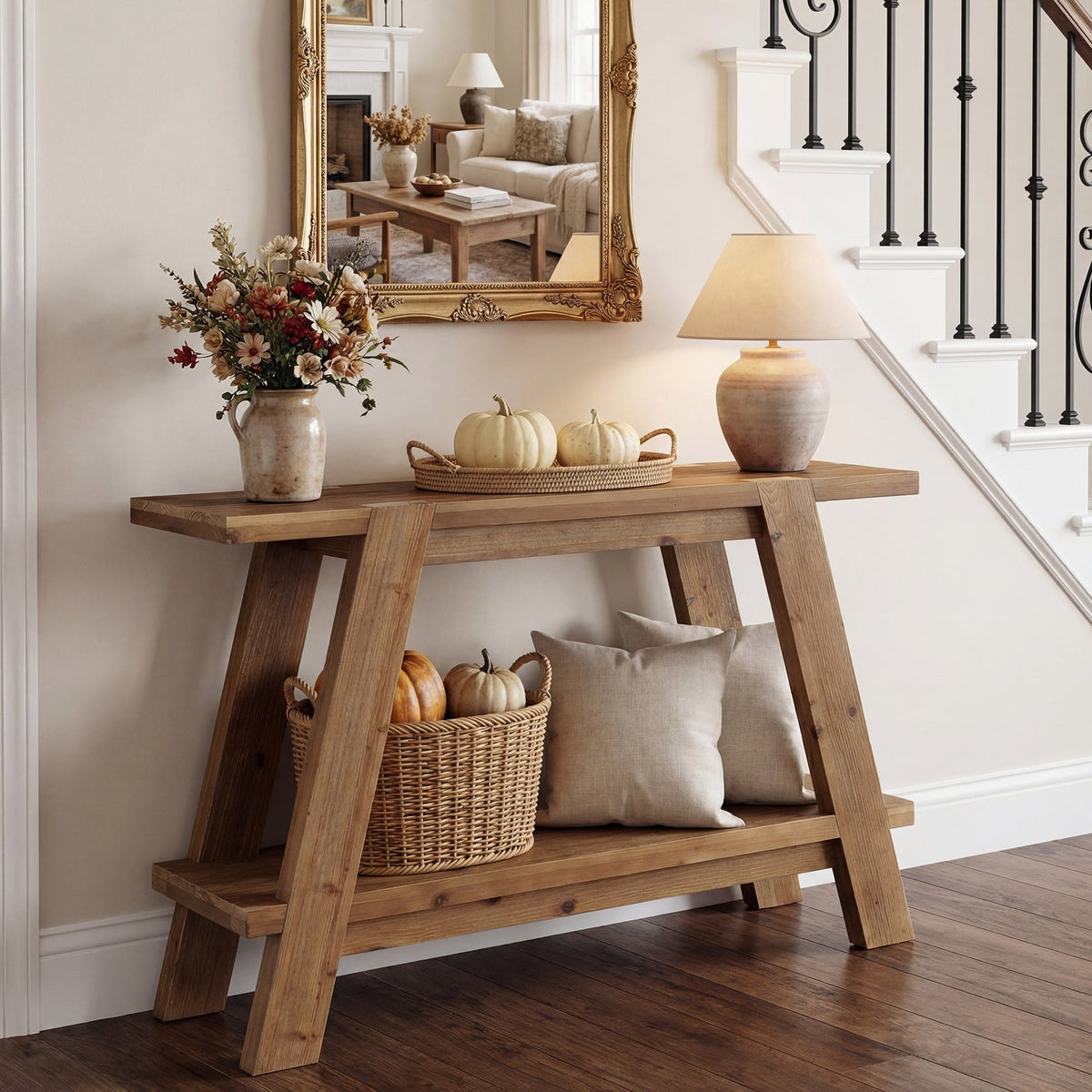 43" Solid Wood Console Table, 2-Tier Narrow Sofa Entryway Table for Living Room