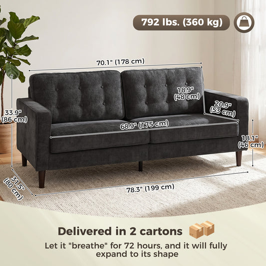 Button-Tufted 3-Seater Sofa with Wood Legs