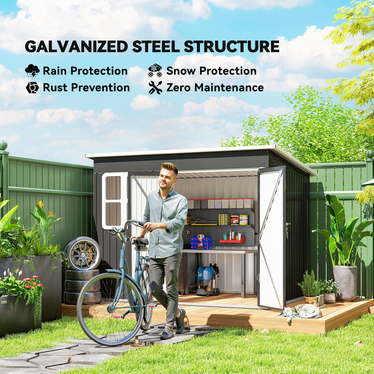 8.5' x 6' Galvanised Steel Outdoor Storage Shed, Garden Shed with Window, Lockable Wide Doors and Air Vents – Dark Grey