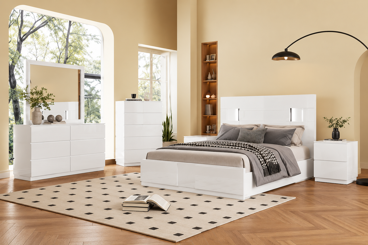 Amsterdam White High-Gloss Lacquer Bedroom Set – Modern Queen & King Collection