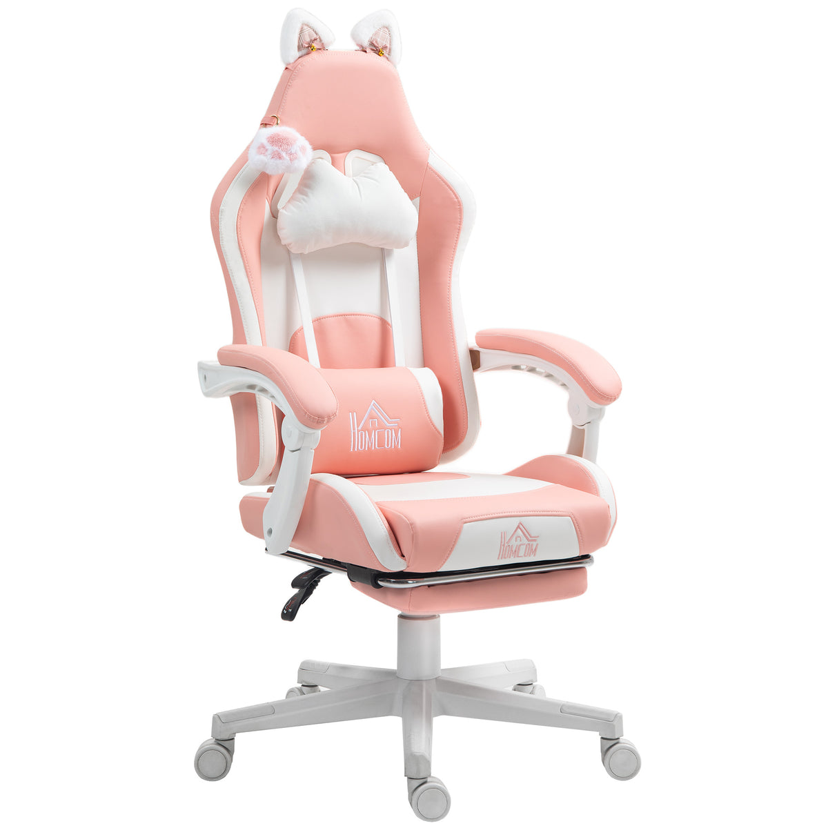 Cute Racing Gamer Chair, Faux Leather Gaming Chair with Footrest, Pink