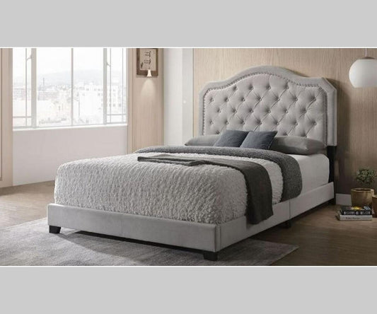Samantha Plush Upholstered Double Bed with Chrome Nailheads, Solid Rubberwood Frame