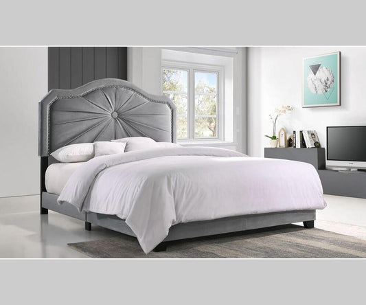 Embla Double Bed with Upholstered Headboard, Chrome Nail Heads, Pleated Design