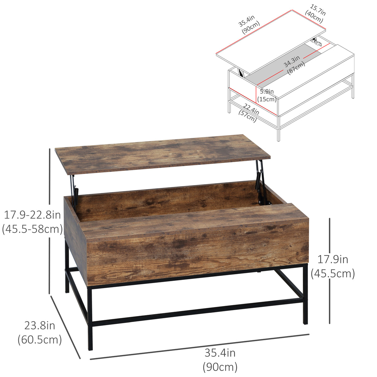 Lift-Top Coffee Table with Hidden Storage and Steel Legs, Rustic Brown