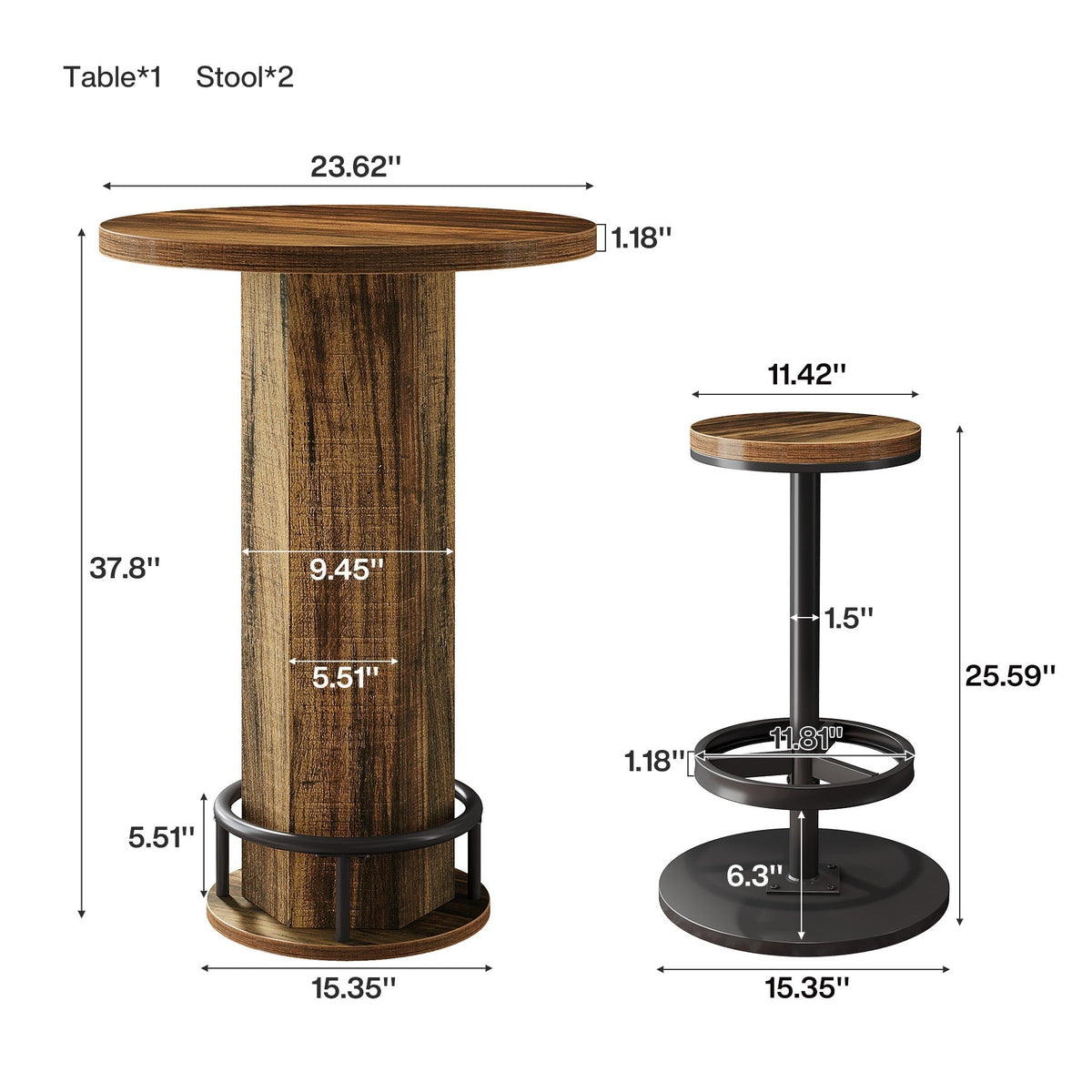 Round Bar Table with Chairs, Pub Bistro Table Sets with 2 Barstools