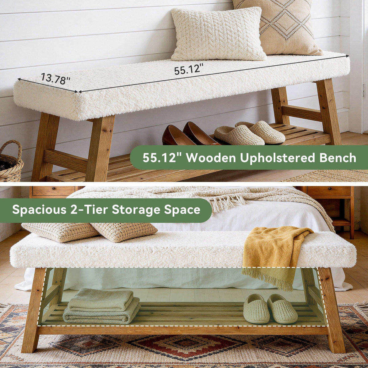 55" Upholstered Entryway Bench, 2-Tier Shoe Bench with Solid Wood Frame