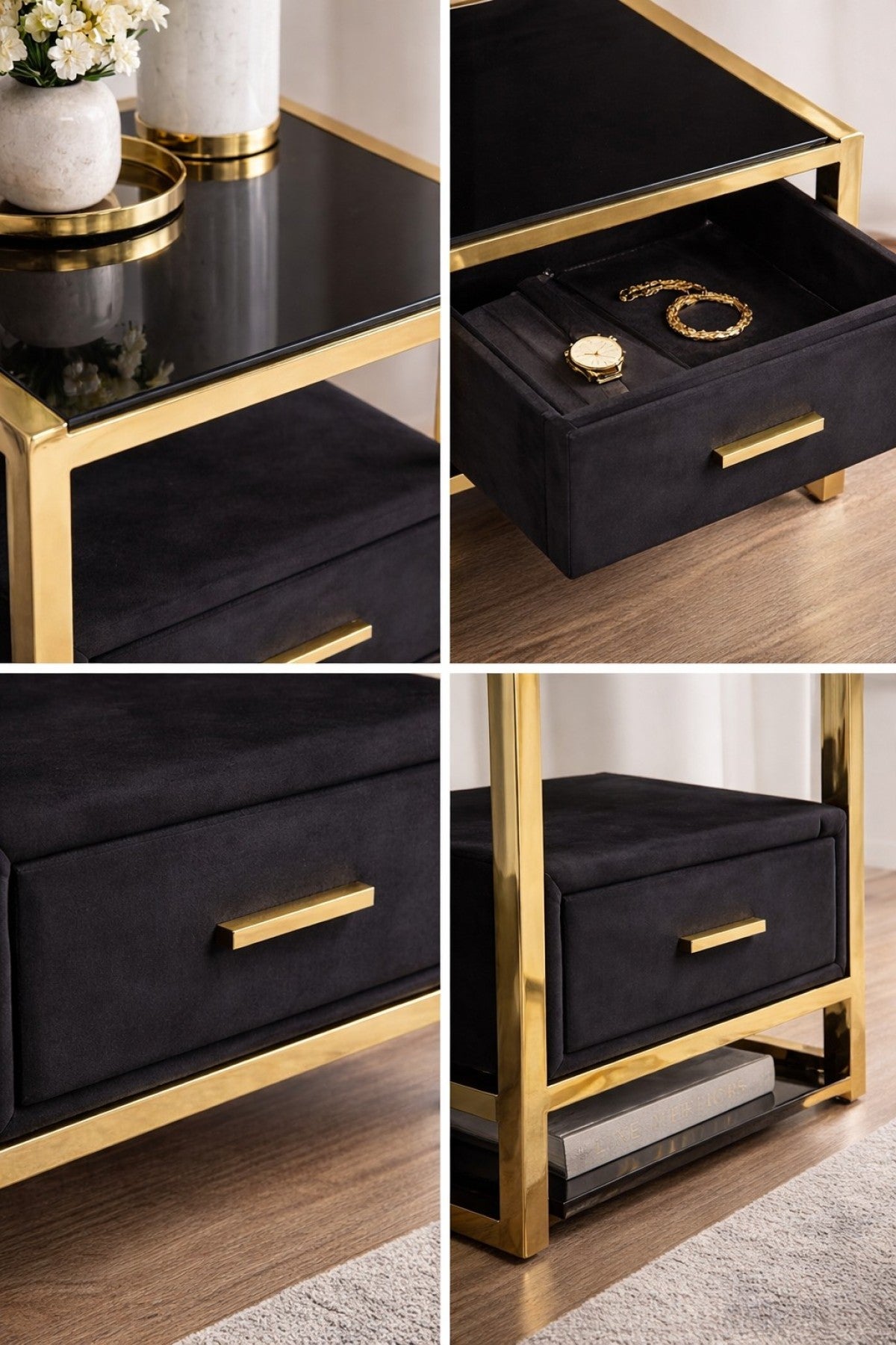 Upholstered Glass Night Stand – Black/Gold