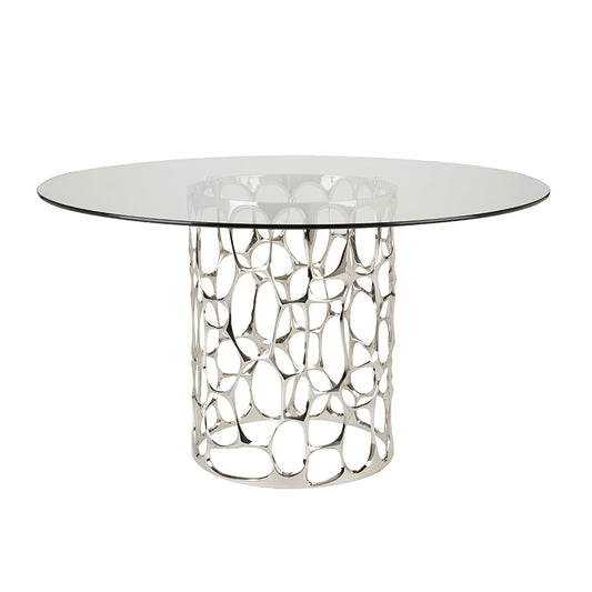Round Glass Dining Set, Silver Sculptural Base