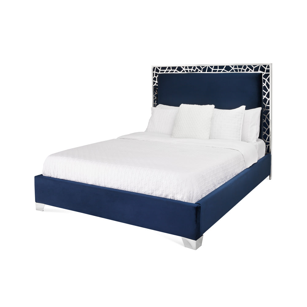 Crystal-Trim Upholstered Bed – Blue Velvet