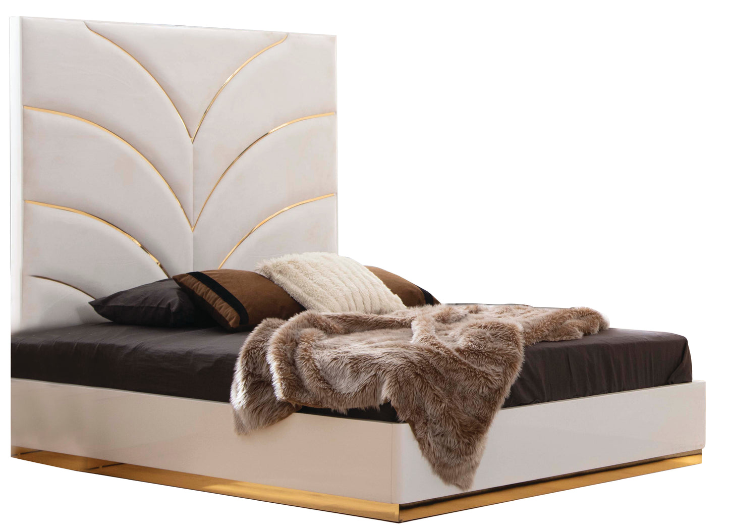 Olivia Modern White Lacquer LED Upholstered Headboard 5-Piece Bedroom Set