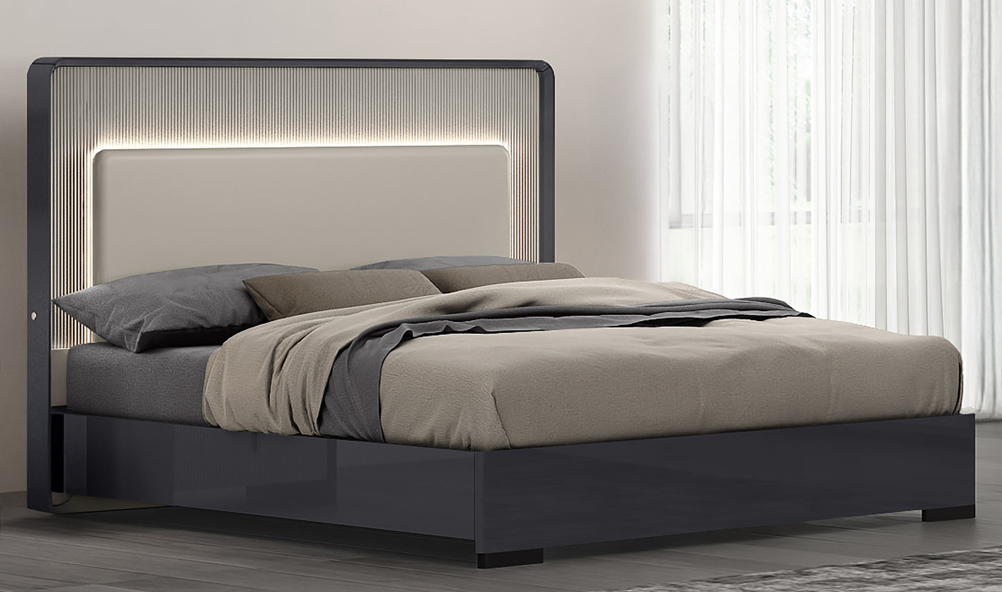 Modern Graphite 5-Piece Bedroom Set with LED Headboard & Soft-Close Drawers