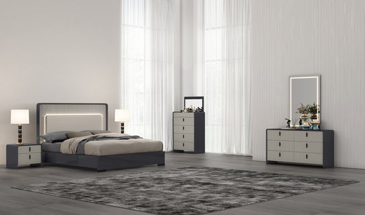 Modern Graphite 5-Piece Bedroom Set with LED Headboard & Soft-Close Drawers