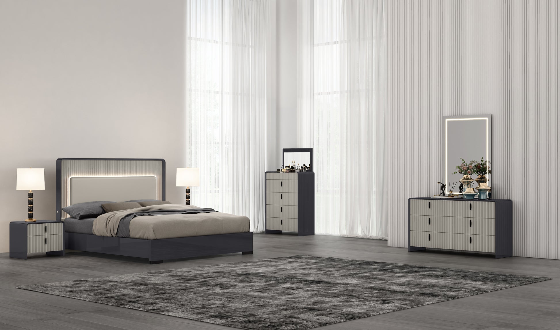 Hannah Modern Grey Lacquer Bedroom Set with LED Headboard, Hydraulic Storage