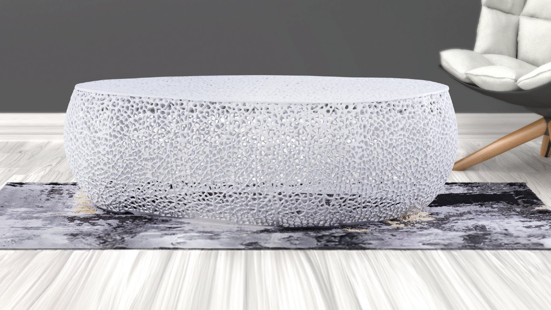 T3601-50 Modern Oval White Casted Aluminum Centerpiece Coffee Table