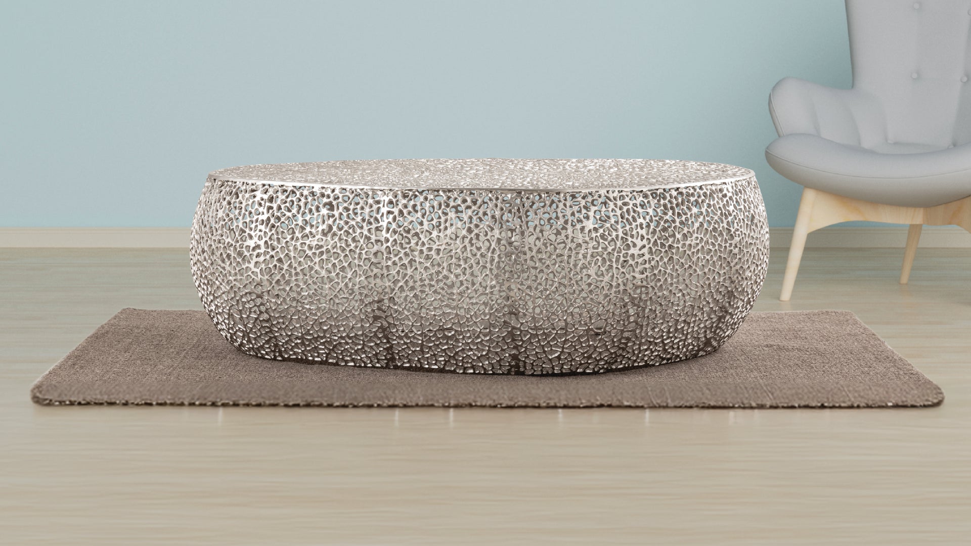 Modern Silver Oval Aluminum Coffee Table Contemporary Living Room Centerpiece