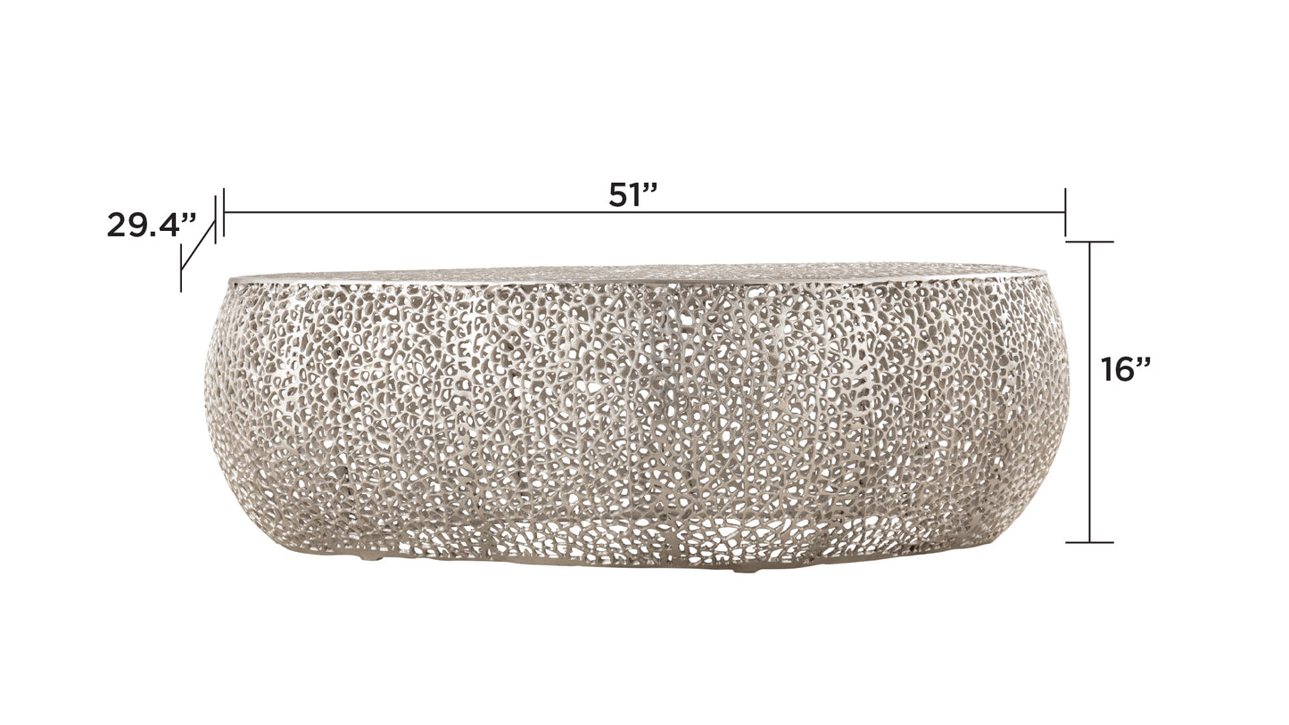 Modern Silver Oval Aluminum Coffee Table Contemporary Living Room Centerpiece