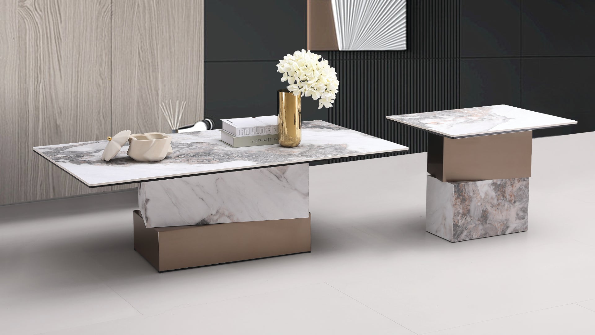 Modern Tasma Marble Coffee Table with Architectural Brass Metal Base