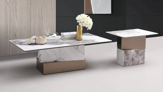 Modern Tasma Marble Coffee Table with Architectural Brass Metal Base