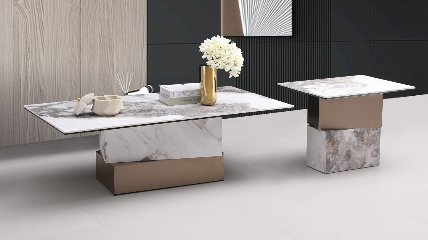 Misty Modern Marble Coffee Table with Premium Brass Base