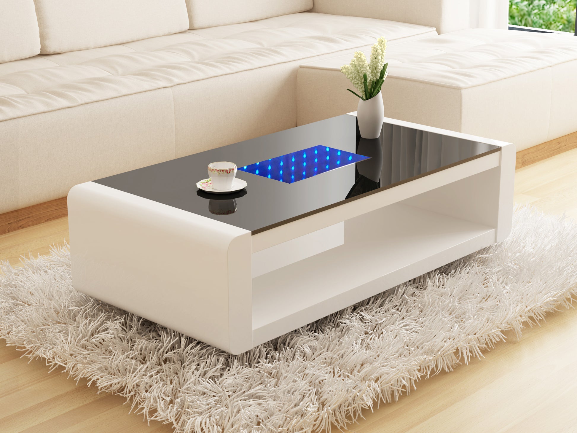 Chelsea Modern White Glass Coffee Table with Hidden Storage