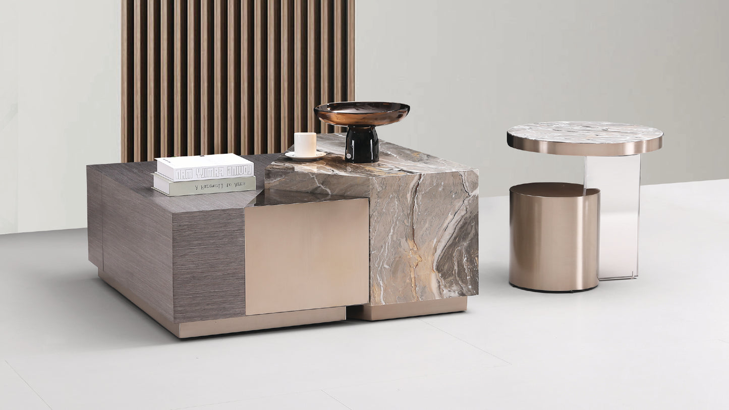 Misty Modern Marble Coffee Table with Premium Brass Base