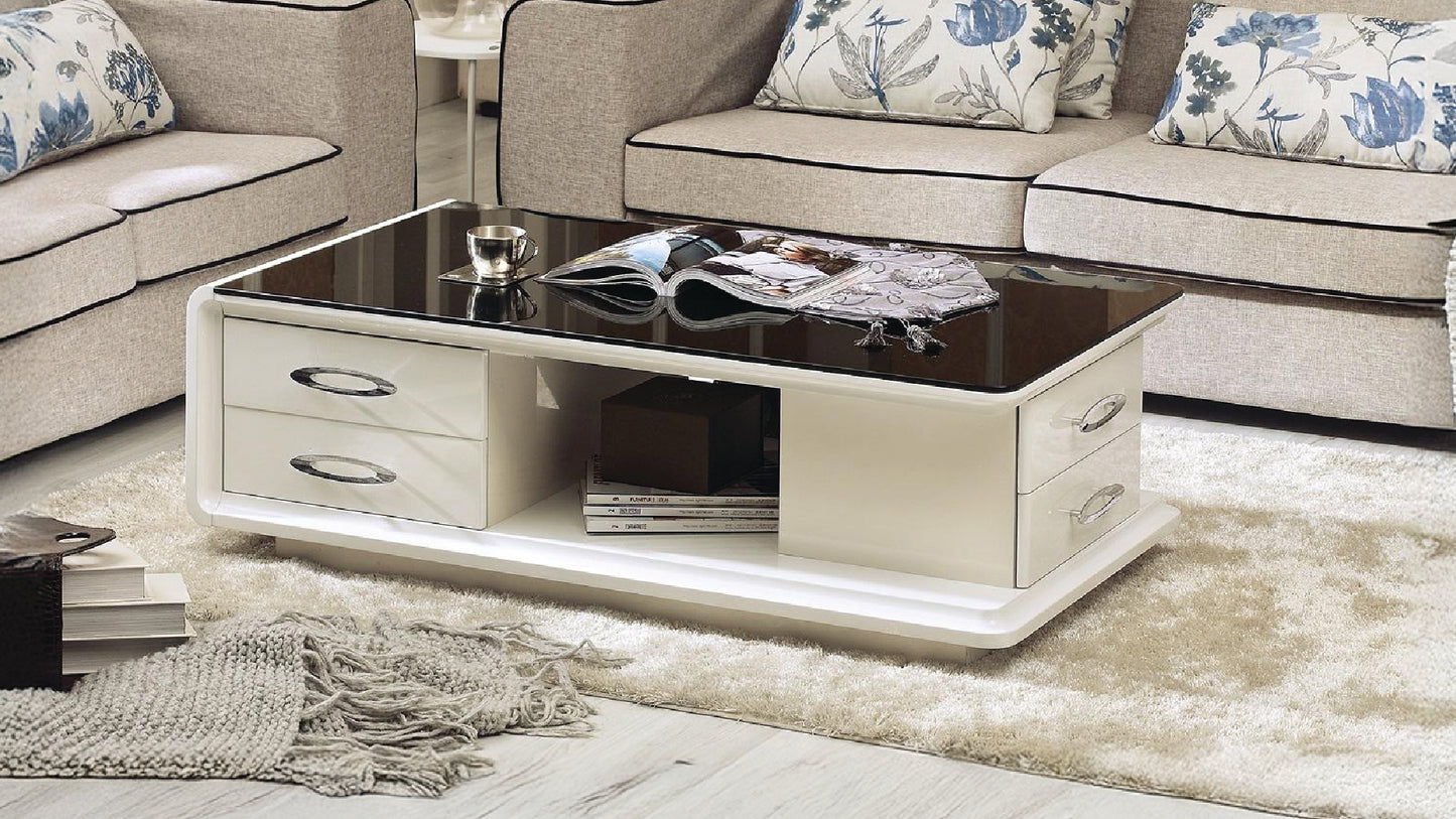 Modern Nora White Coffee Table with Sleek Glass Top