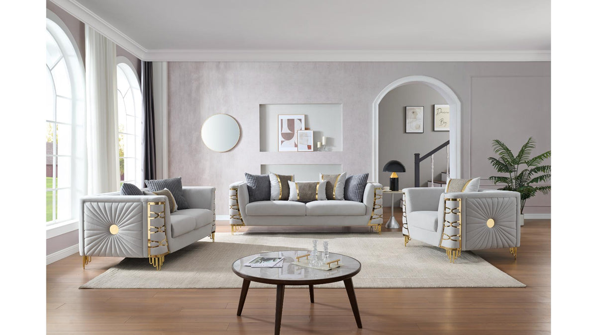 Contella Velvet Sofa, Loveseat & Chair Set