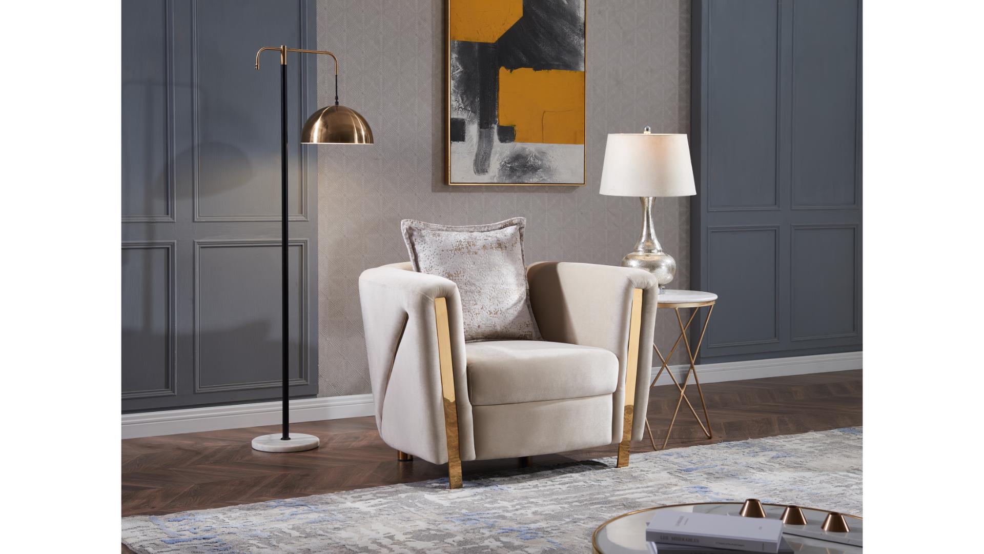 Chanelle Modern Cream Velvet Accent Chair with Gold Wood Frame