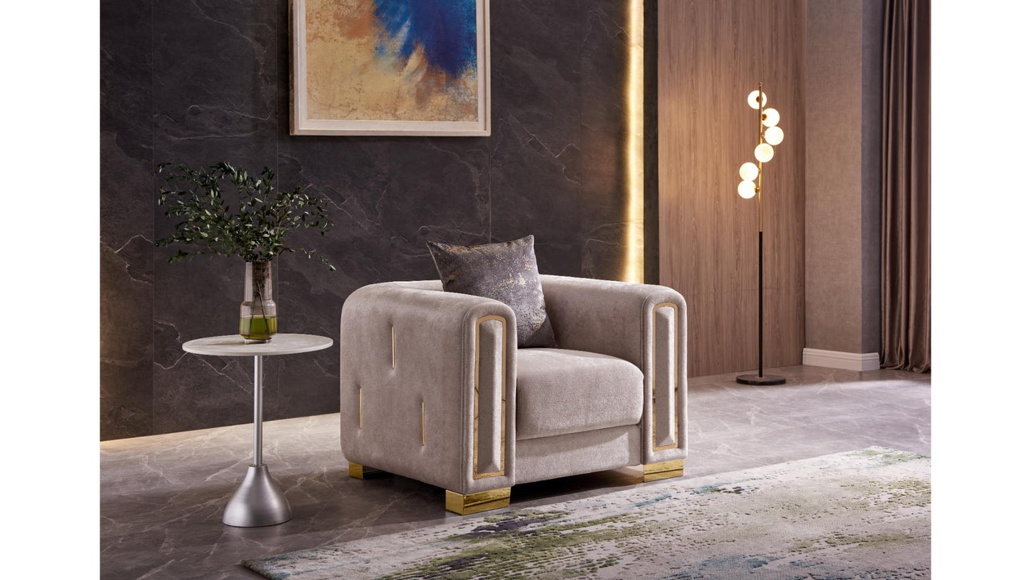 Luxury Impreza Beige Velvet Accent Chair with Gold Wood Frame