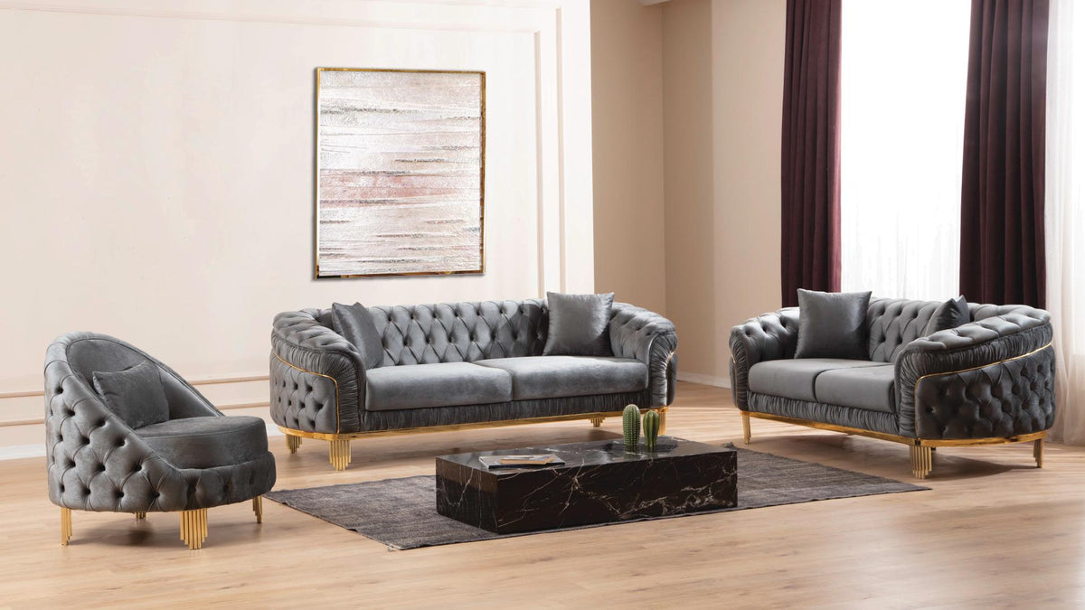 Vanora Velvet Sofa, Loveseat & Chair Set