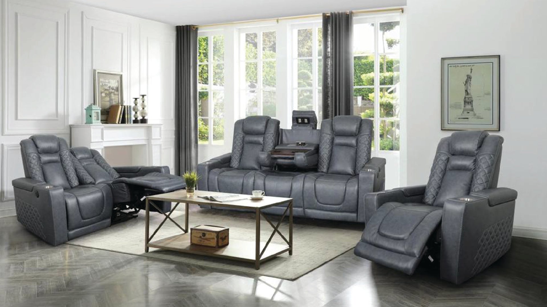 Premium Power Leather Match Recliner Set with LED Lights