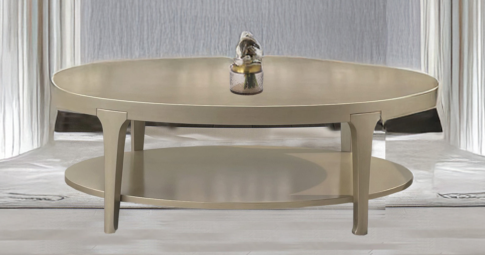 Scarlett Elegant Wood Trimmed Oval Coffee Table in Refined Beige