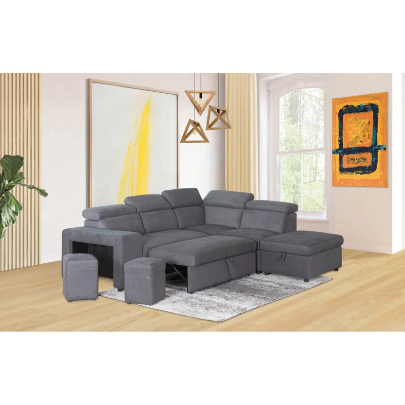L1845-ELLE Modern Grey Sectional Sofa Bed with Storage Ottoman & Stools
