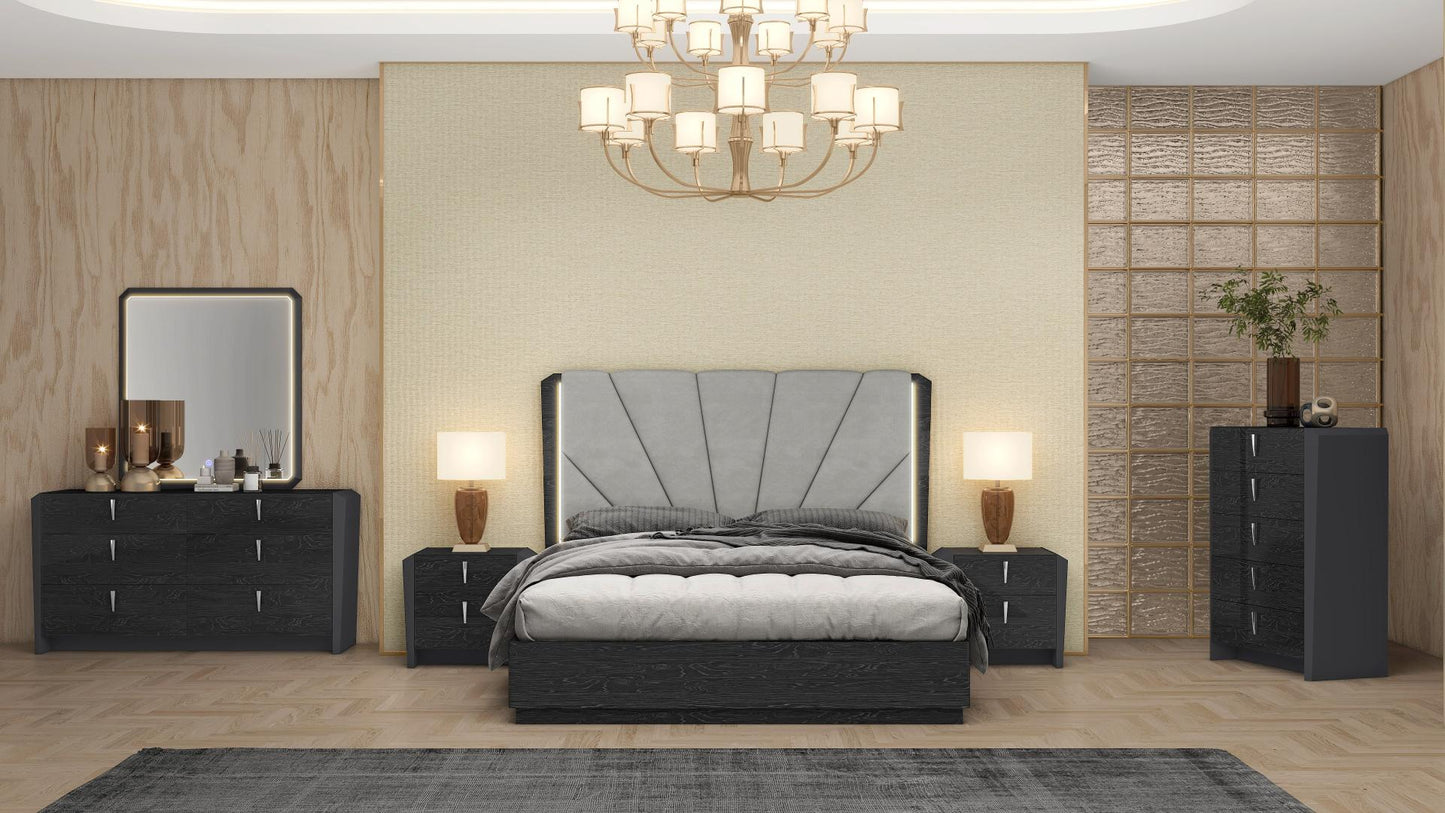 Modern Manchester Walnut-Grey Bedroom Set, Hydraulic Lift Storage & LED Headboard