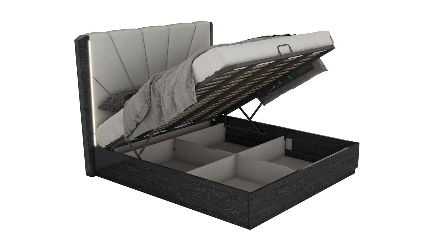 Modern Manchester Walnut-Grey Bedroom Set, Hydraulic Lift Storage & LED Headboard