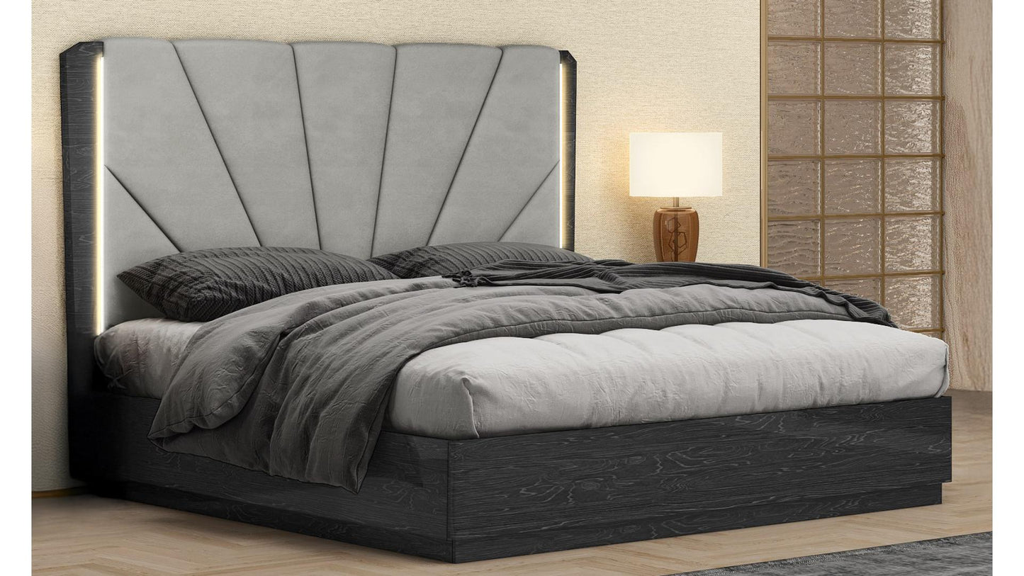 Modern Manchester Walnut-Grey Bedroom Set, Hydraulic Lift Storage & LED Headboard