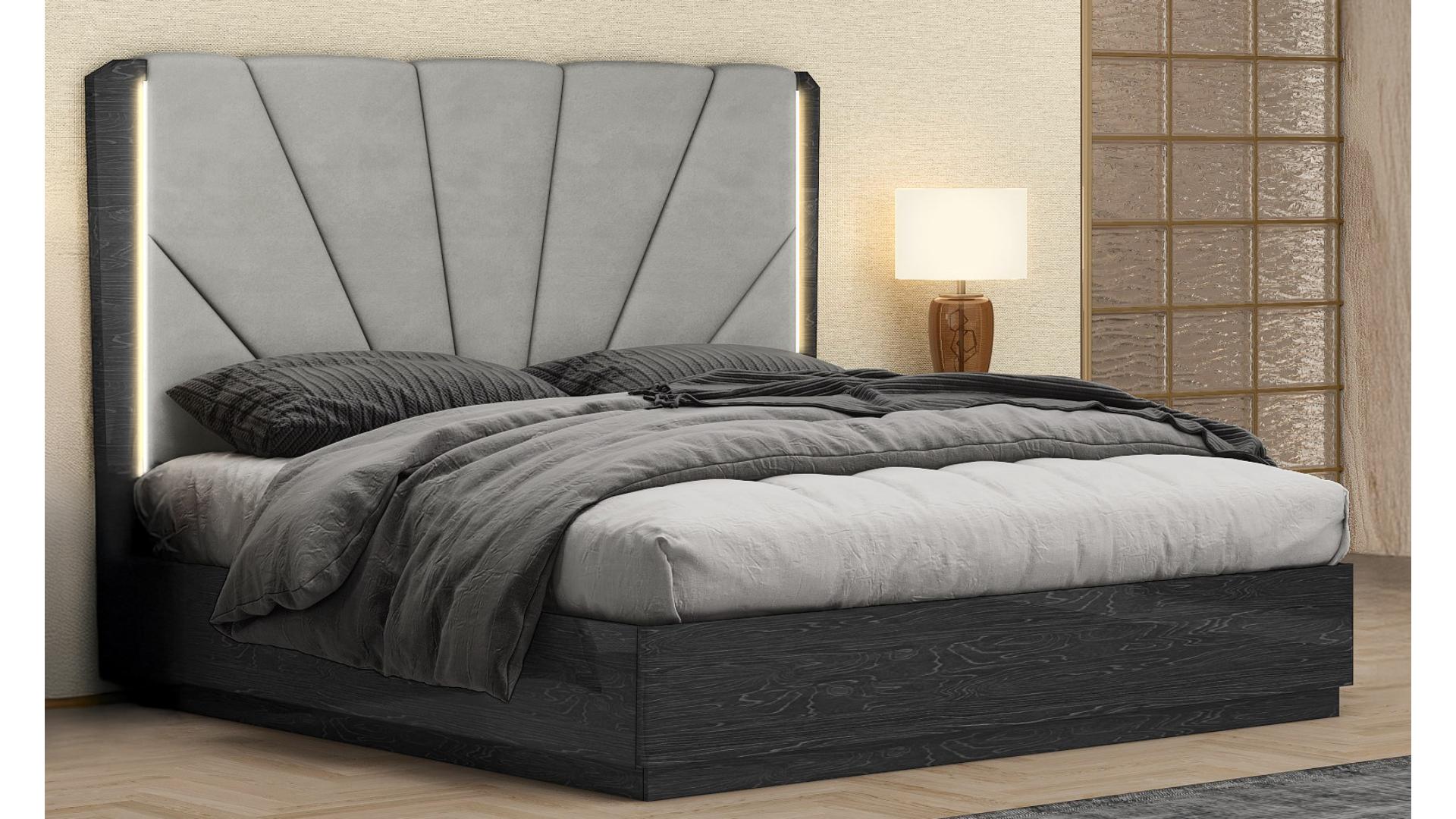 Modern Manchester Walnut-Grey Bedroom Set, Hydraulic Lift Storage & LED Headboard