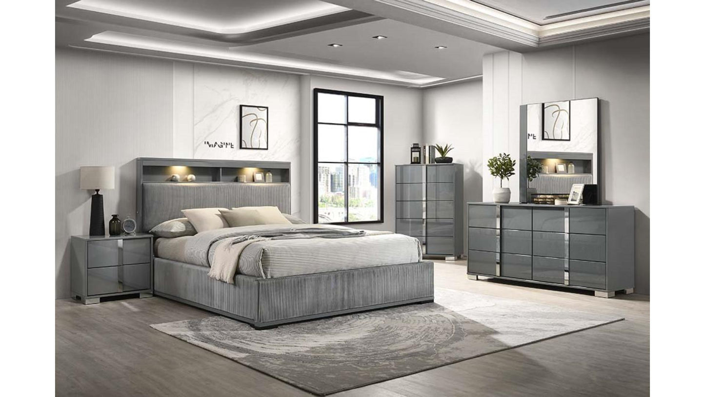 B1771-Grover Modern Grey Lacquer 5-Piece Bedroom Set with LED