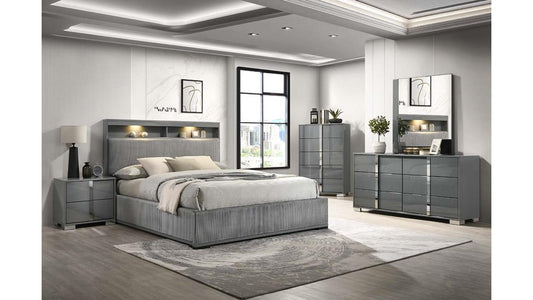 B1771-Grover Modern Grey Lacquer 5-Piece Bedroom Set with LED