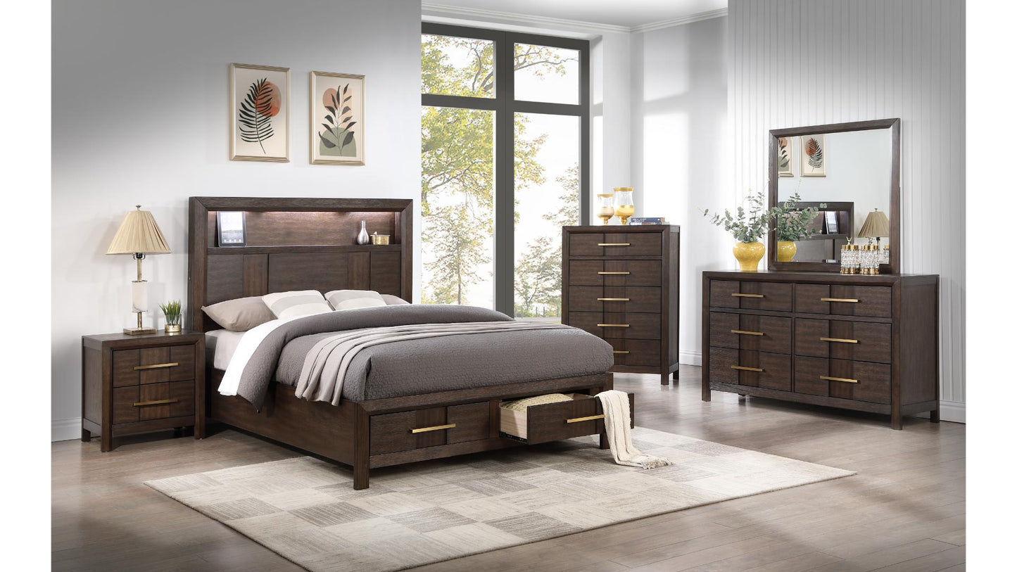 B1441-KENZO Modern Dark Walnut Bedroom Set with LED USB Bluetooth